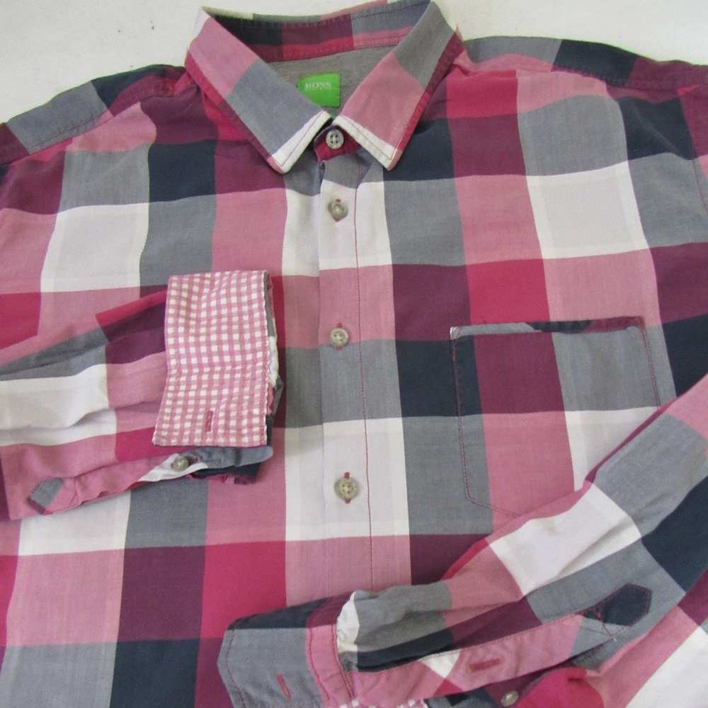 Hugo Boss Green Label Womens Modern Fit Check Pink Gray Casual Shirt Size XXL